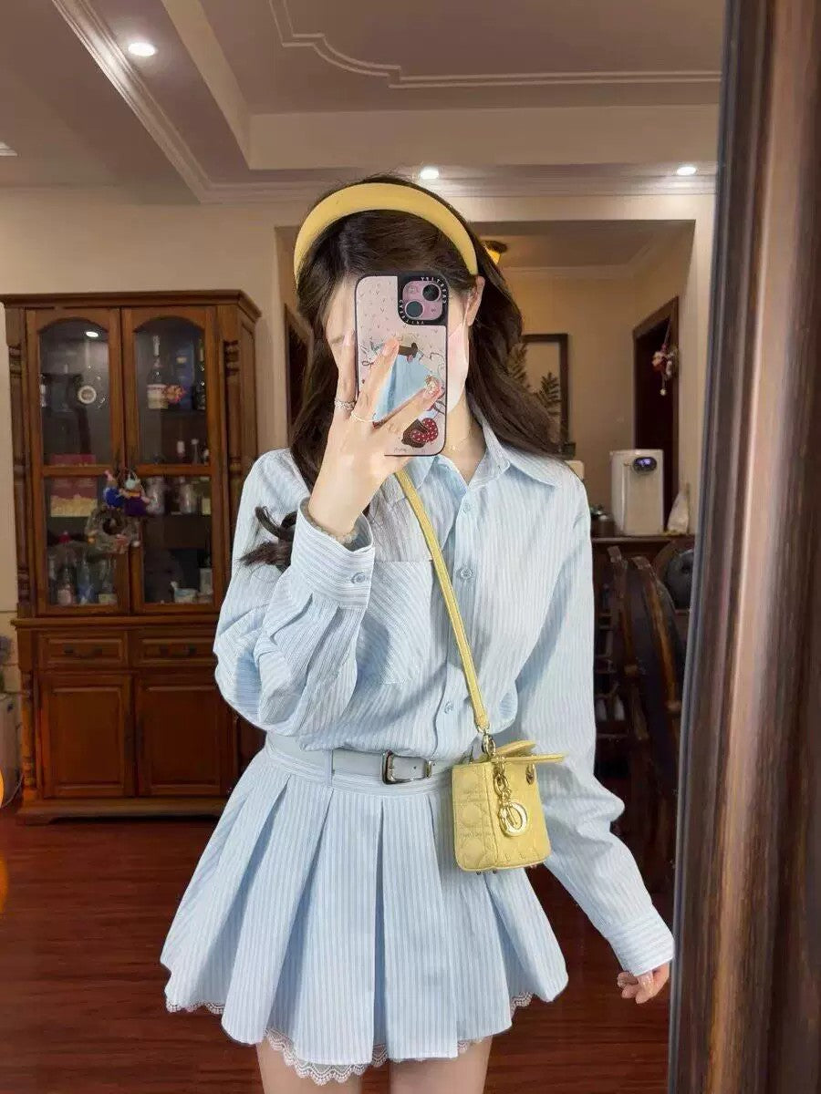 💕春夏小個子收腰有腰帶條紋襯衫連身裙
