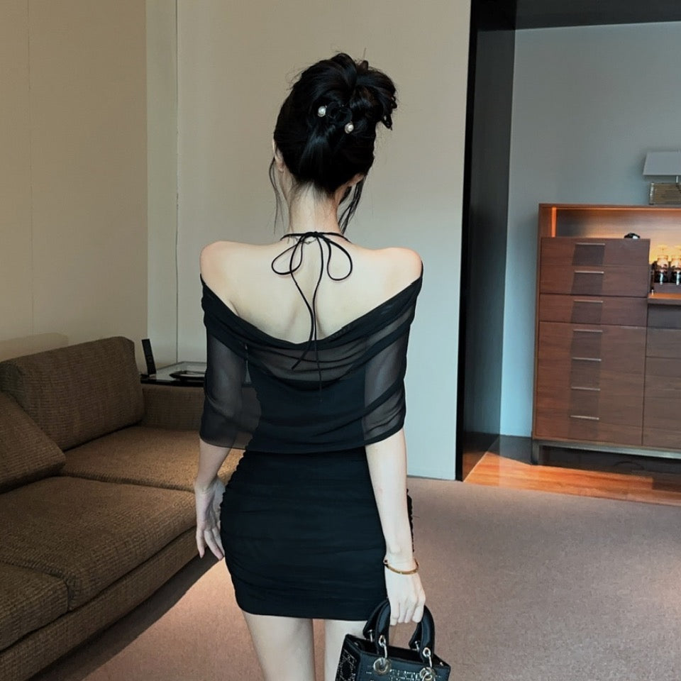 💕約會性感網紗綁帶包臀假兩件連身裙