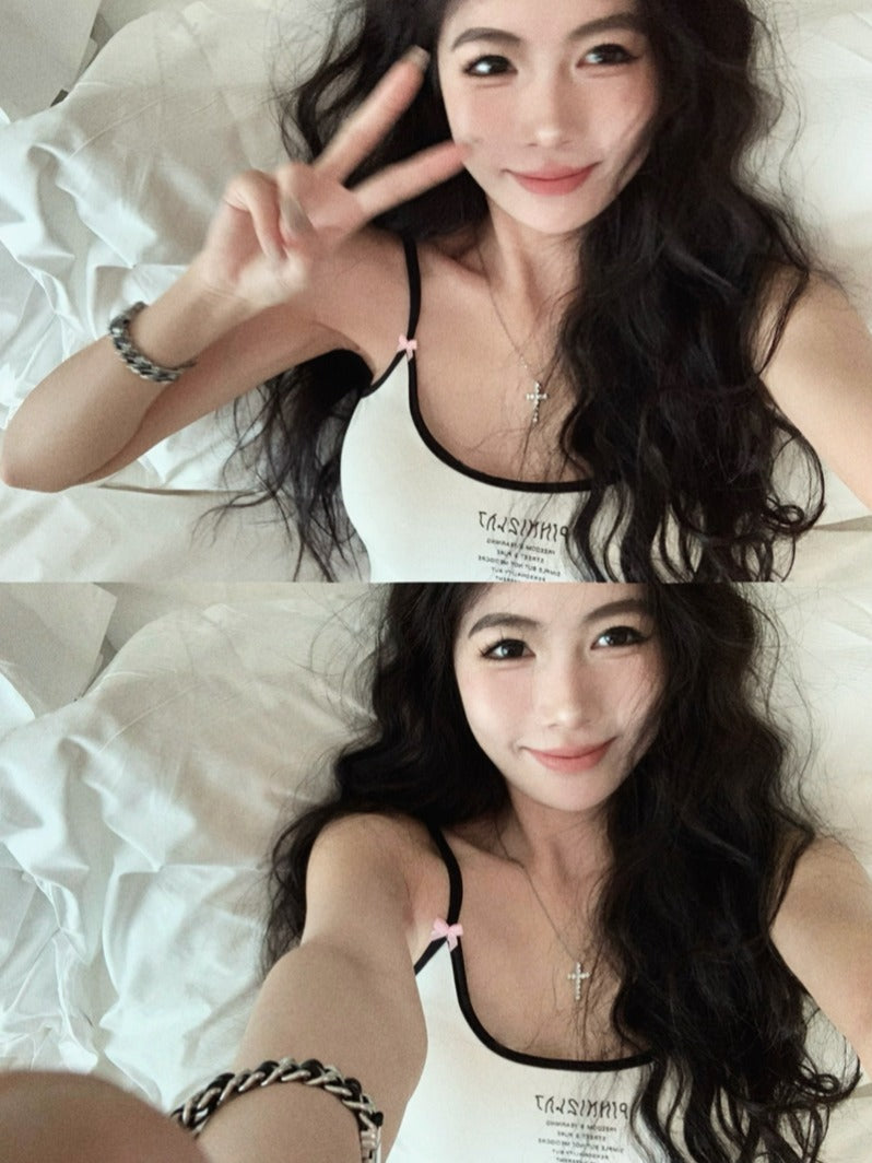 💕辣妹修身顯瘦蝴蝶結字母印花短款吊帶背心上衣