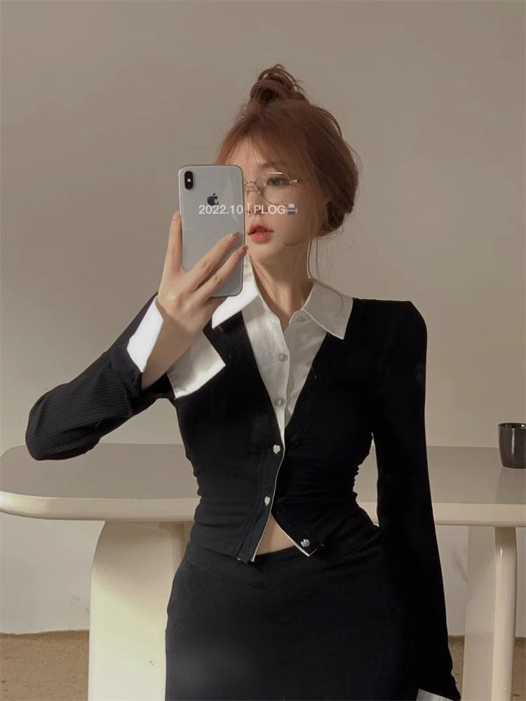 💕純御辣妹修身短款黑色假兩件長袖襯衫
