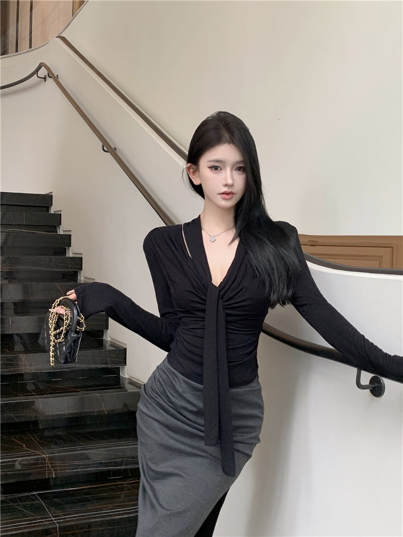 💕韓系設計感褶皺盪領飄帶長袖打底衣