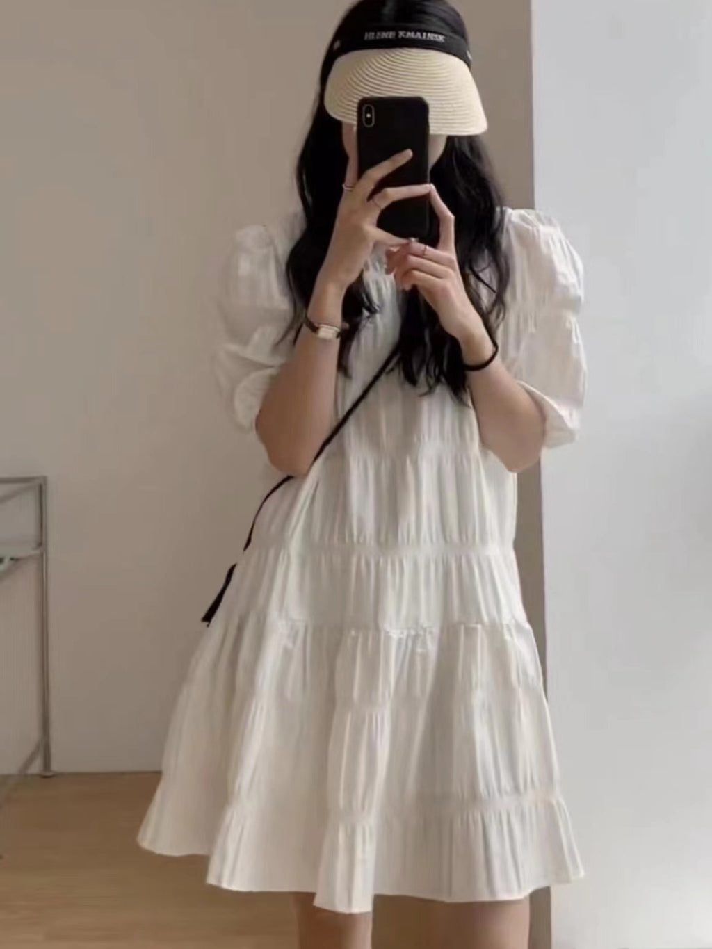 💕慵懶氣質小眾褶皺泡泡袖法式連衣裙