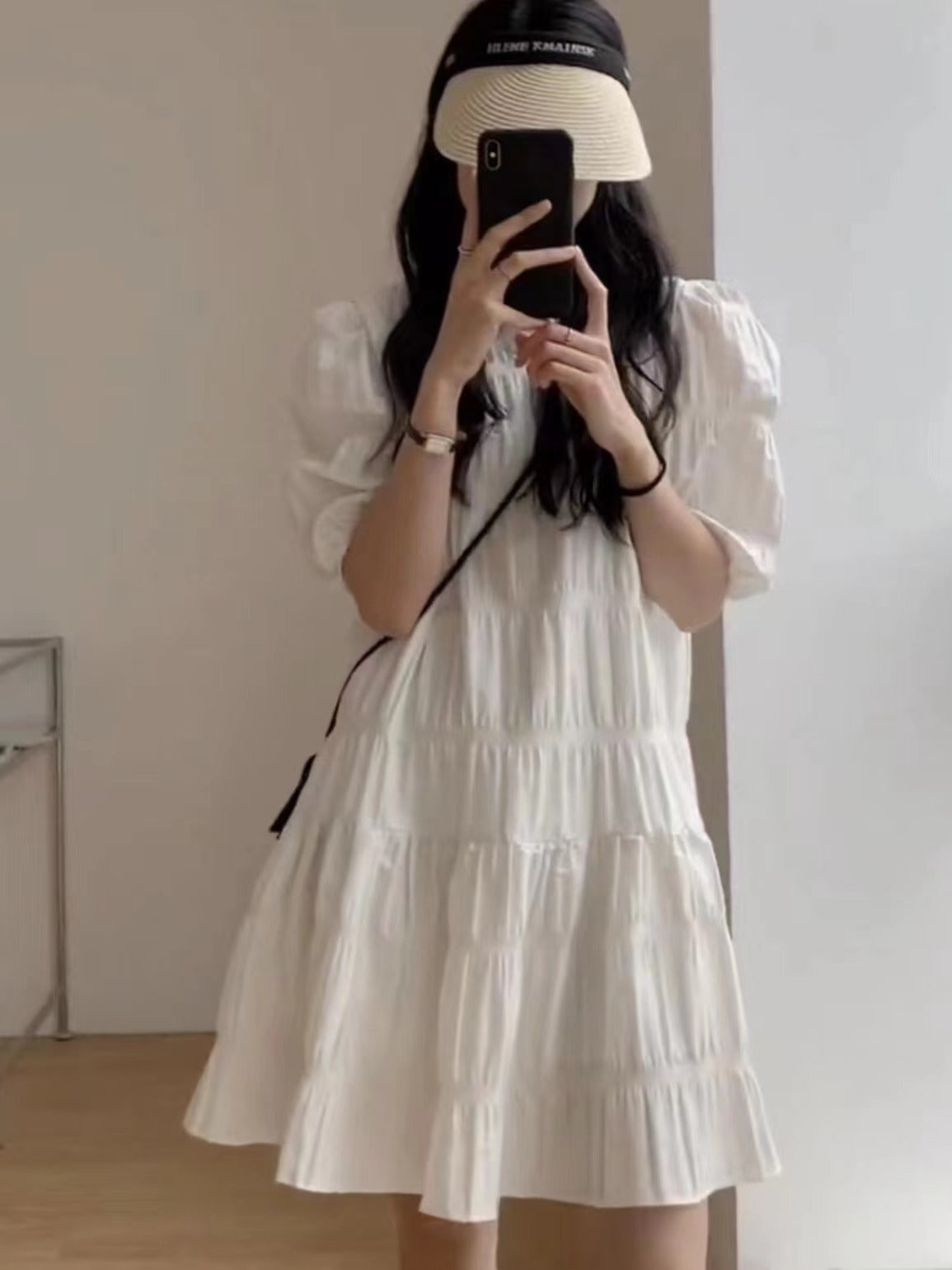 💕慵懶氣質小眾褶皺泡泡袖法式連衣裙