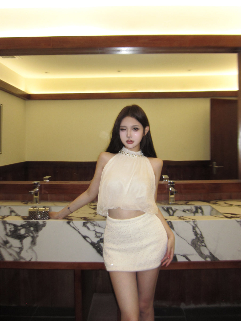 💕夏季高級氣質感掛脖花苞上衣珠片半身裙兩件套