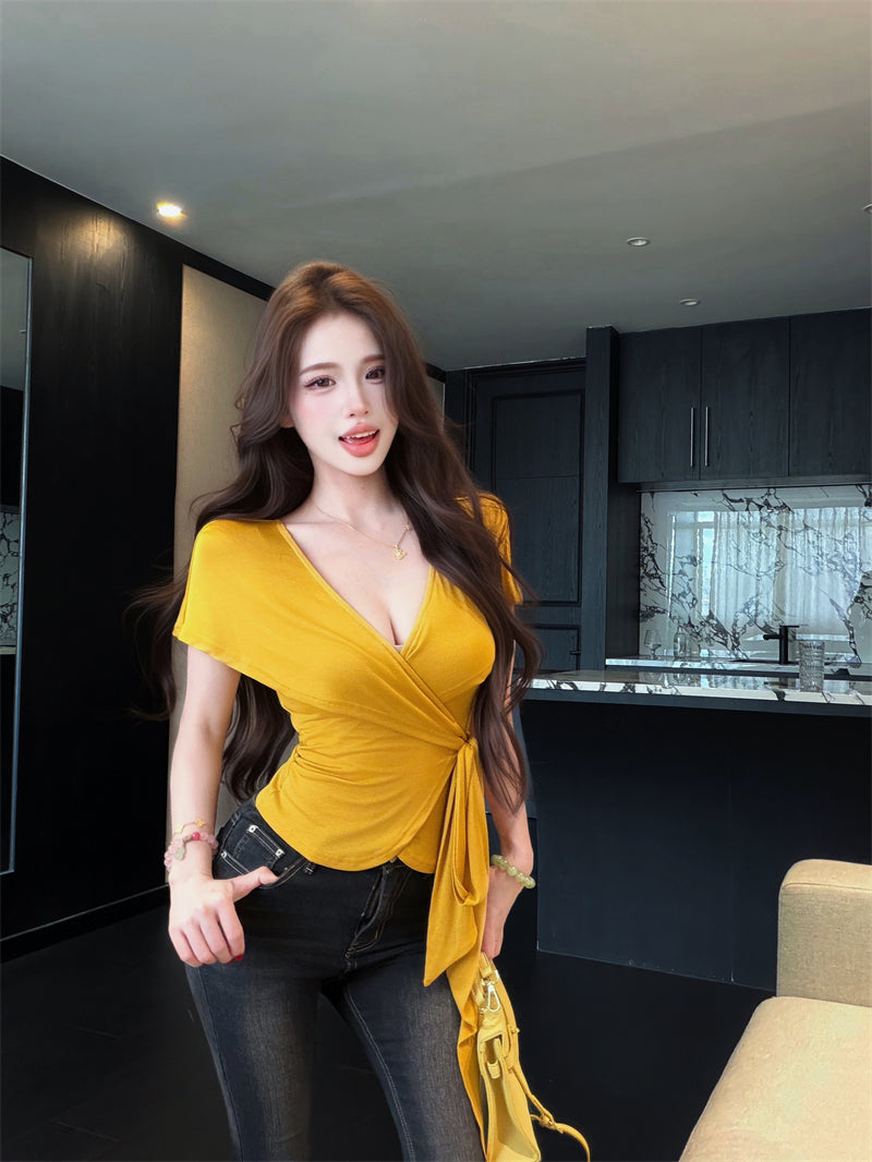 💕氣質優雅交叉V領綁帶T袖上衣