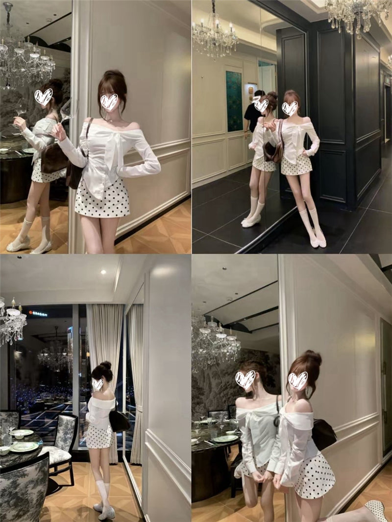 💕韓系一字肩扭結上衣配點點短裙兩件套