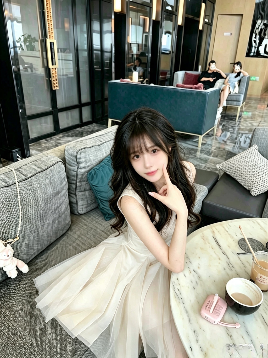 💕法式輕奢鑲鑽圓領無袖白杏澎澎紗裙連衣裙