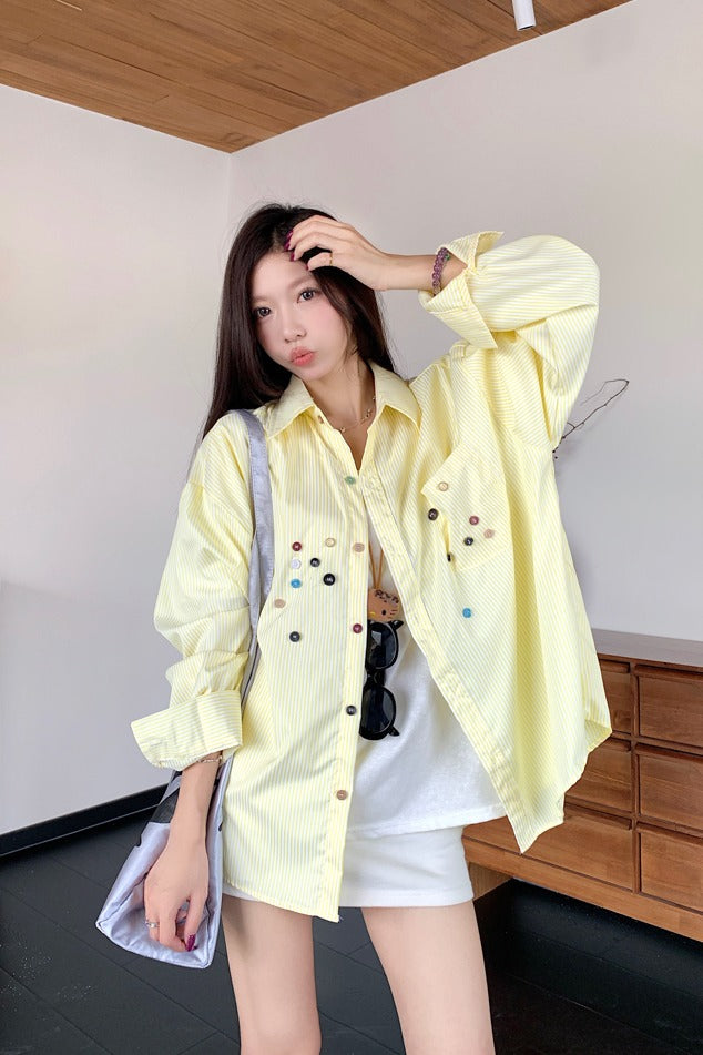 💕青春寬鬆百搭別緻彩色鈕扣條紋襯衫
