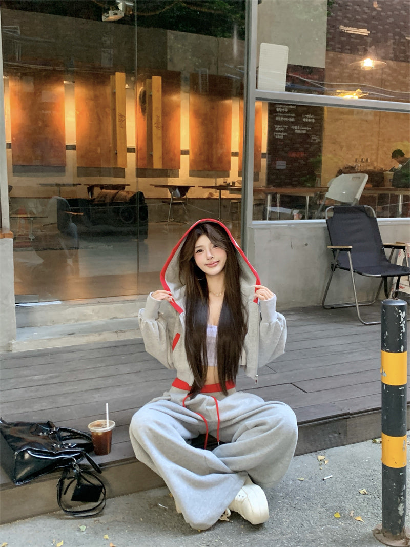 💕韓系個性設計感灰色長袖顯瘦休閒褲套裝