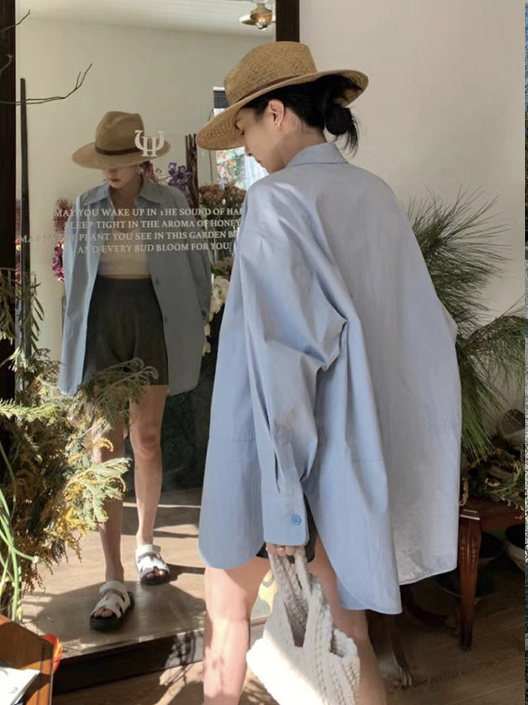 💕春夏藍色POLO領中長款休閒長袖襯衫
