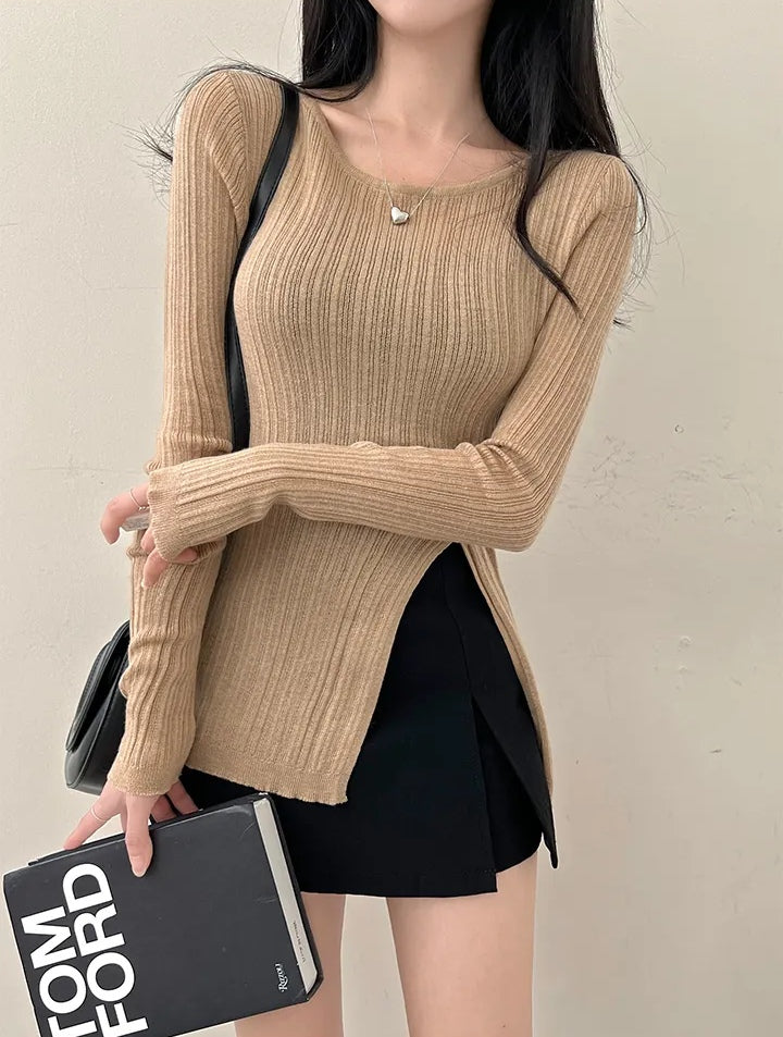 💕韓系春秋顯瘦設計感收腰開衩長袖上衣