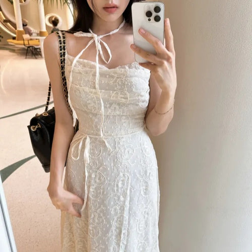💕ihs系溫柔蕾絲性感露背鬆緊系帶收腰吊帶長裙