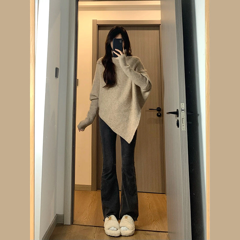 💕溫柔韓系慵懶不規則高領加厚針織毛衣