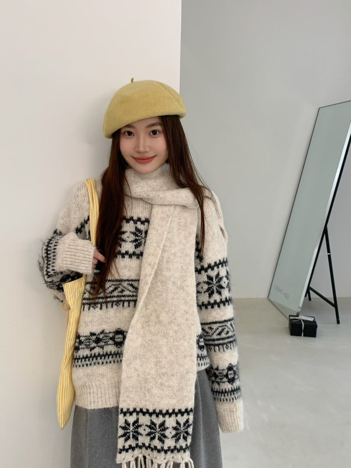 💕韓系圓領復古緹花拚色軟糯針織帶圍巾打底毛衣
