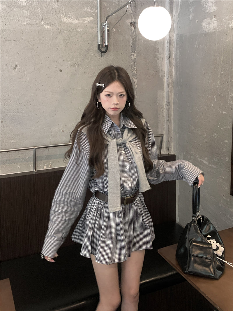 💕韓系格子襯衫連衣裙+連帽披肩配腰帶