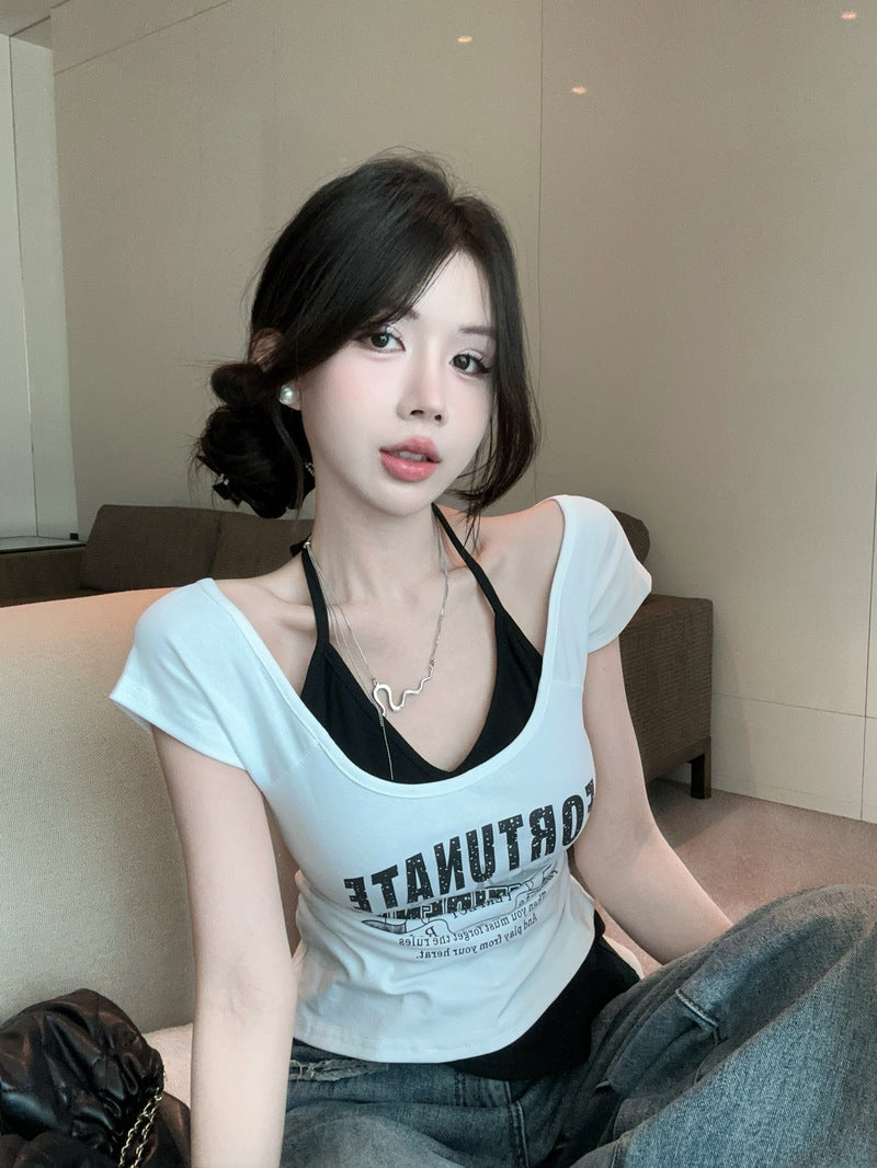 💕夏季新款小心機掛脖假兩件上衣
