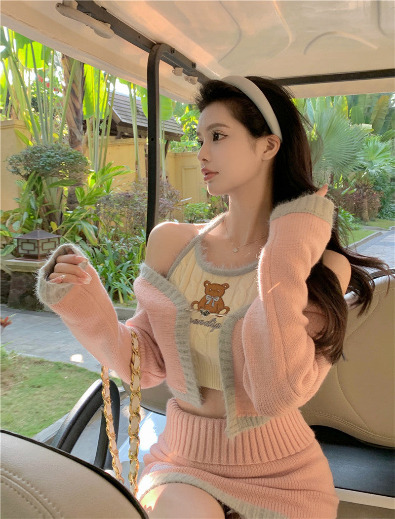 💕辣妹可愛小熊高腰印花拼接針織套裝