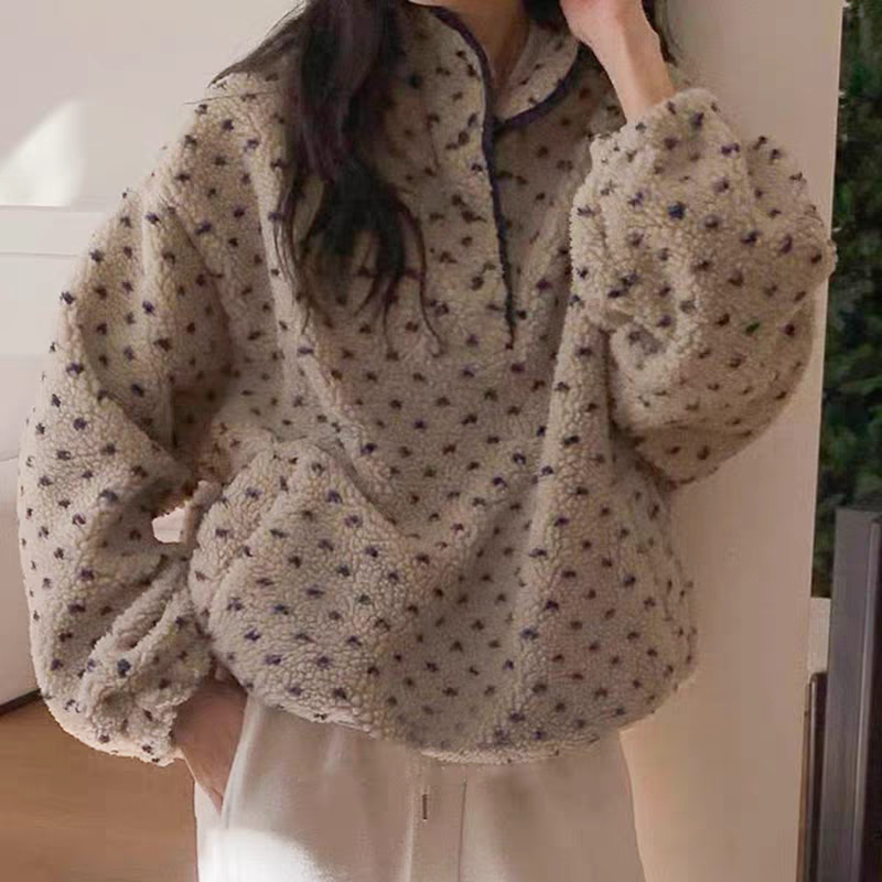 💕ins風立領點點搖粒絨休閒寬鬆衛衣