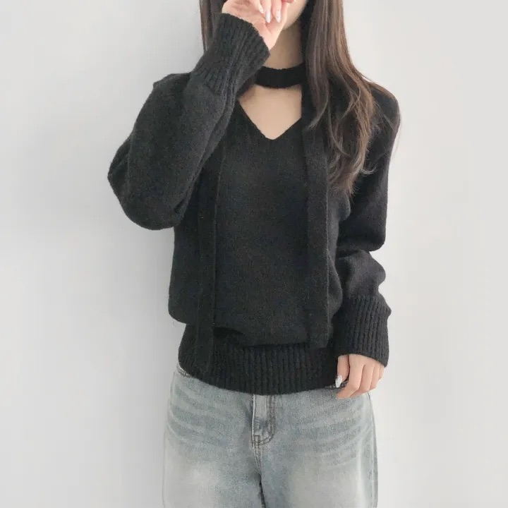 💕chic韓系簡約V領帶飄帶露肩針織百搭毛衣