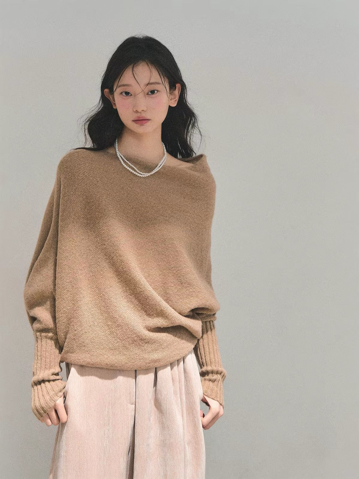 💕韓系溫柔軟糯甜美斜肩針織上衣