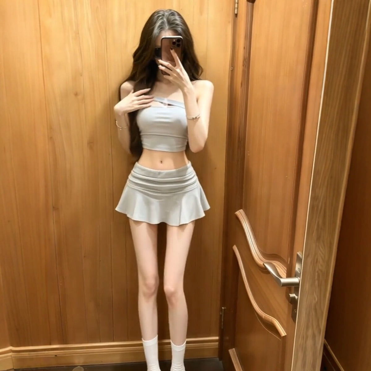 💕性感純欲斜肩短版上衣&短裙兩件套