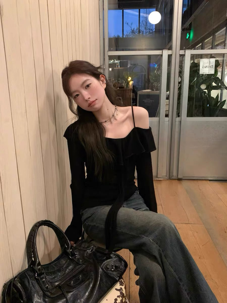 💕設計感荷葉一字肩韓系穿搭修身露肩上衣