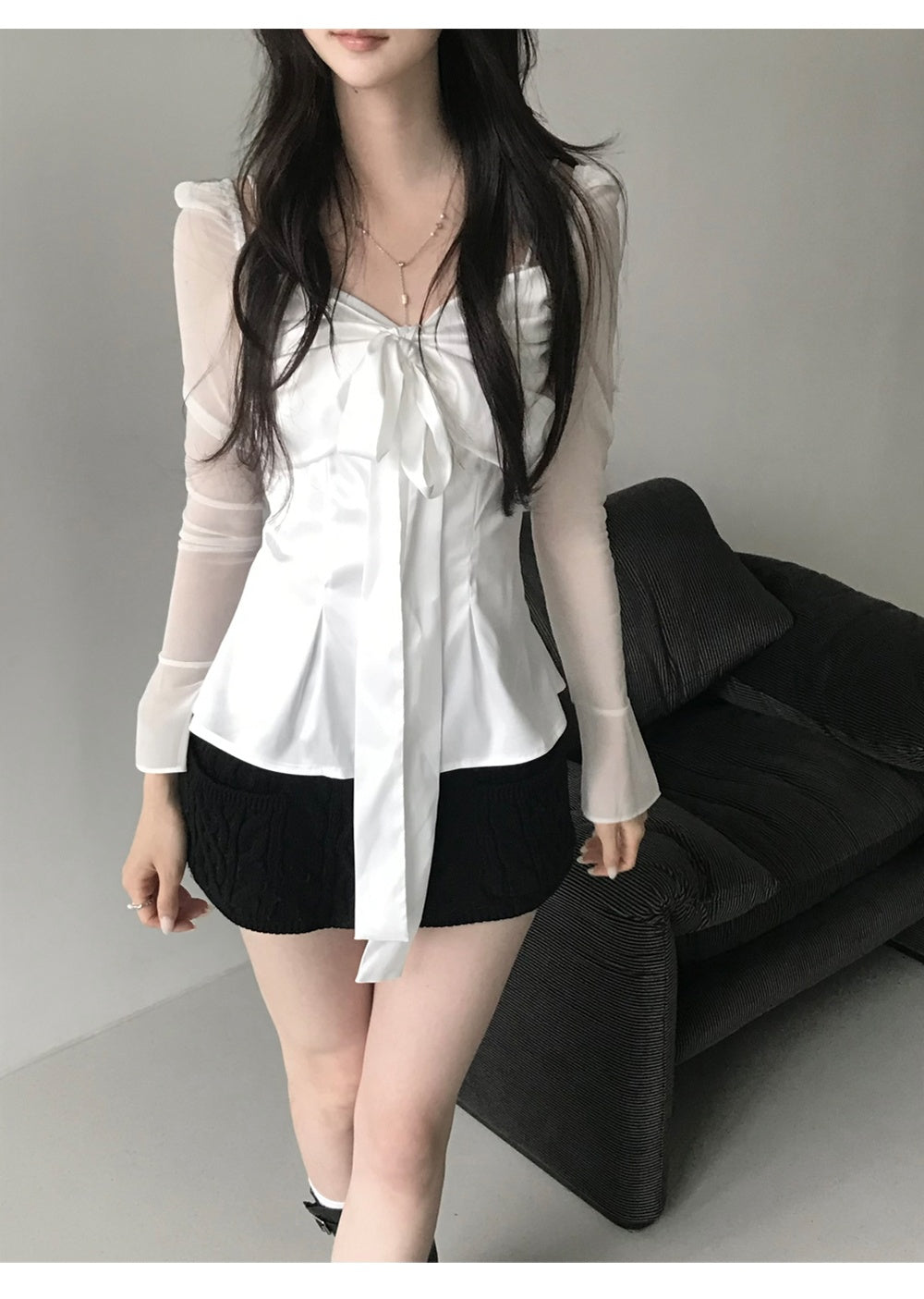 💕法式方領蝴蝶結飄帶氣質收腰顯瘦上衣