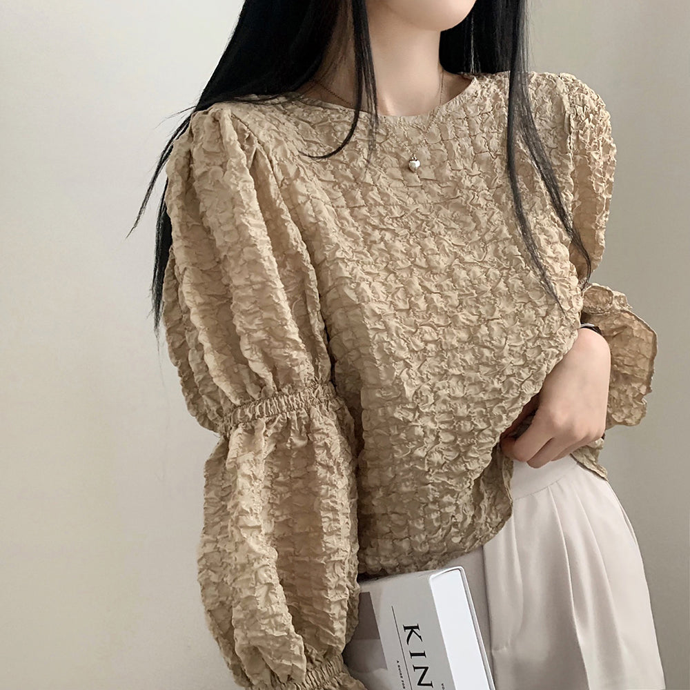💕溫柔chic韓系泡泡皺褶圓領燈籠袖襯衫