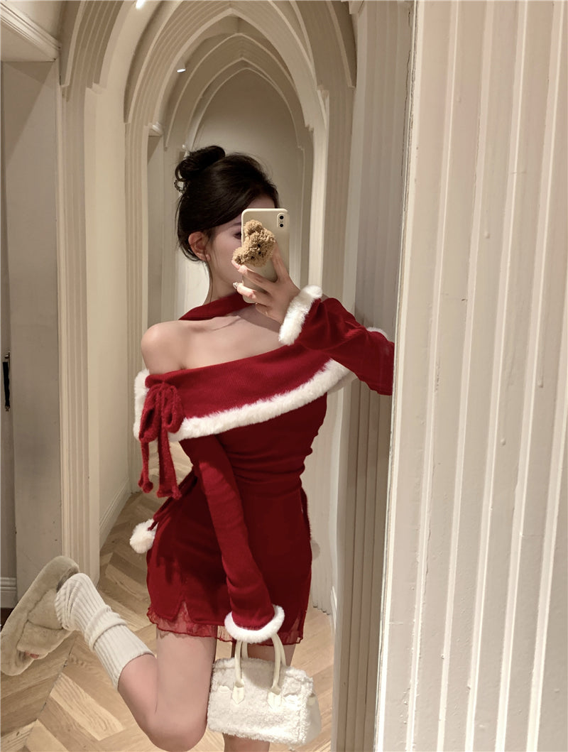 💕法式秋冬聖誕氣息掛脖毛邊包臀短裙