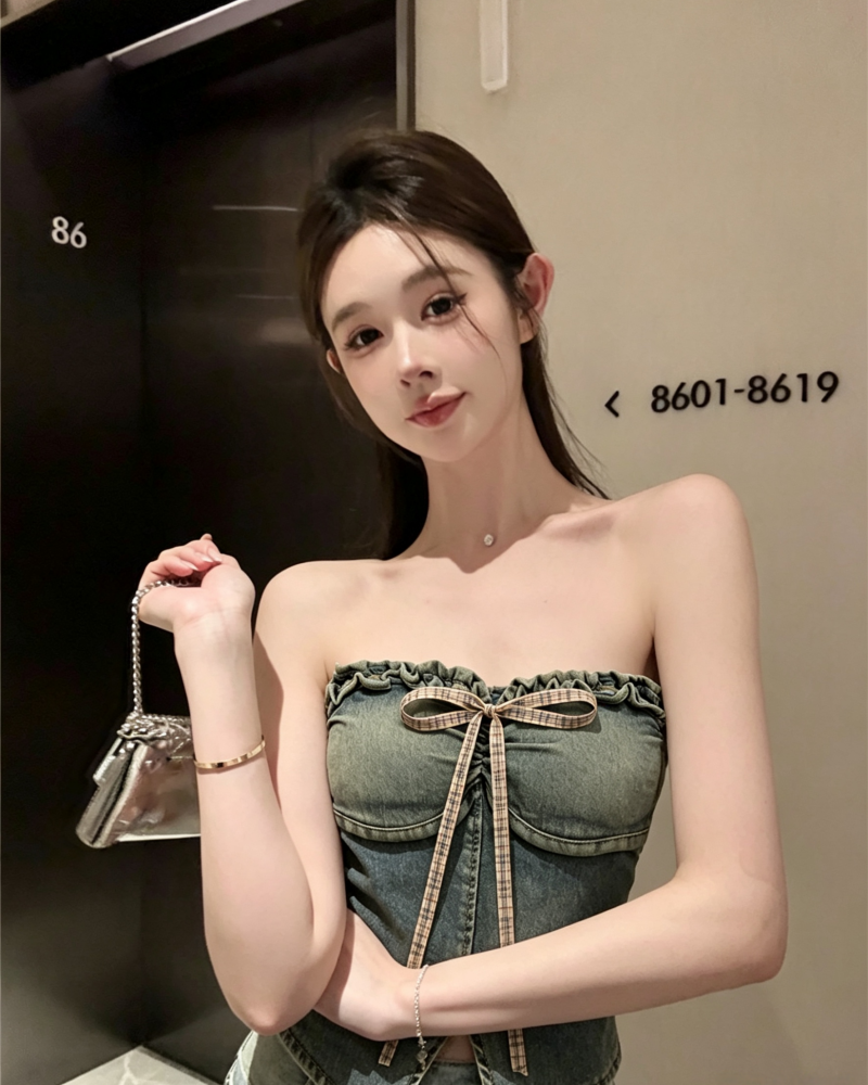 💕不規則蝴蝶結牛仔一字肩抹胸上衣