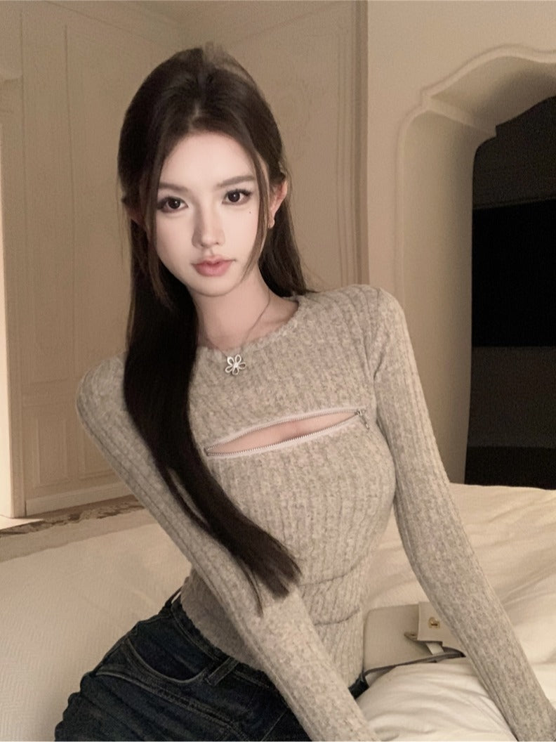💕氣質柔軟可拉拉鍊圓領針織長袖打底衫