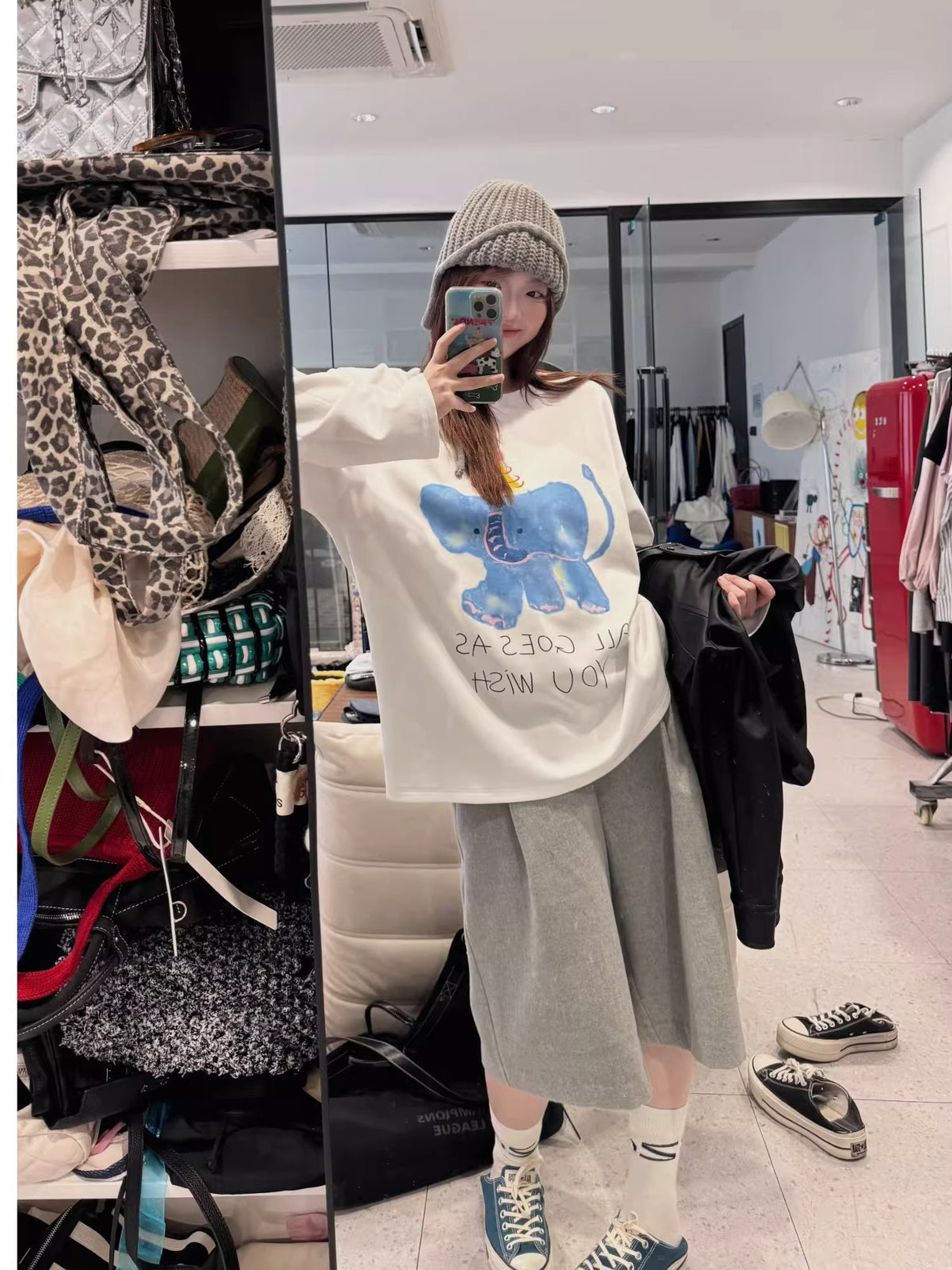 💕chic韓系春秋大象印花簡約T袖