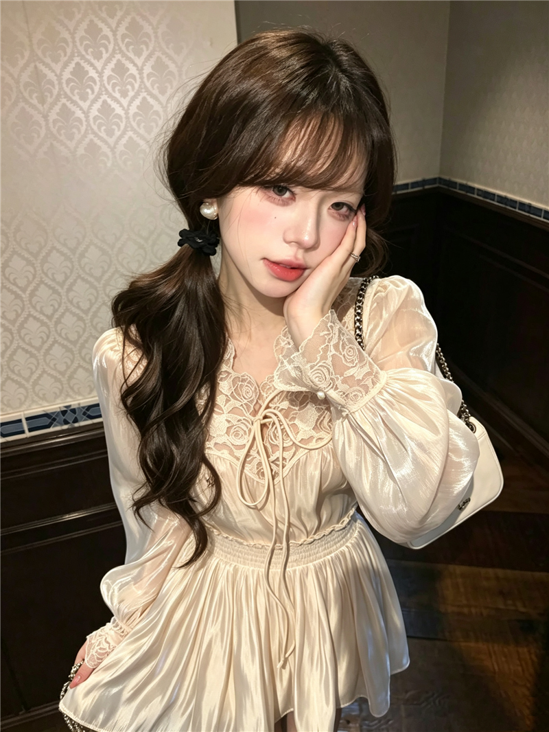 💕香榭琉光珠光緞面溫柔蕾絲拼接兩件套