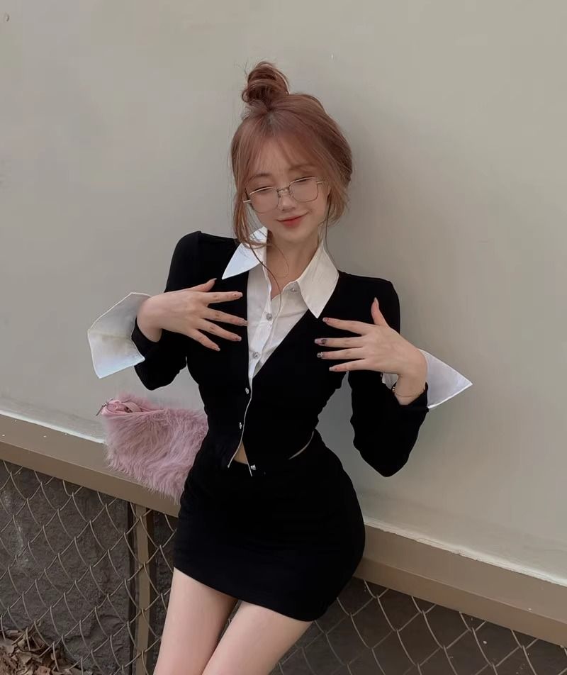 💕純御辣妹修身短款黑色假兩件長袖襯衫