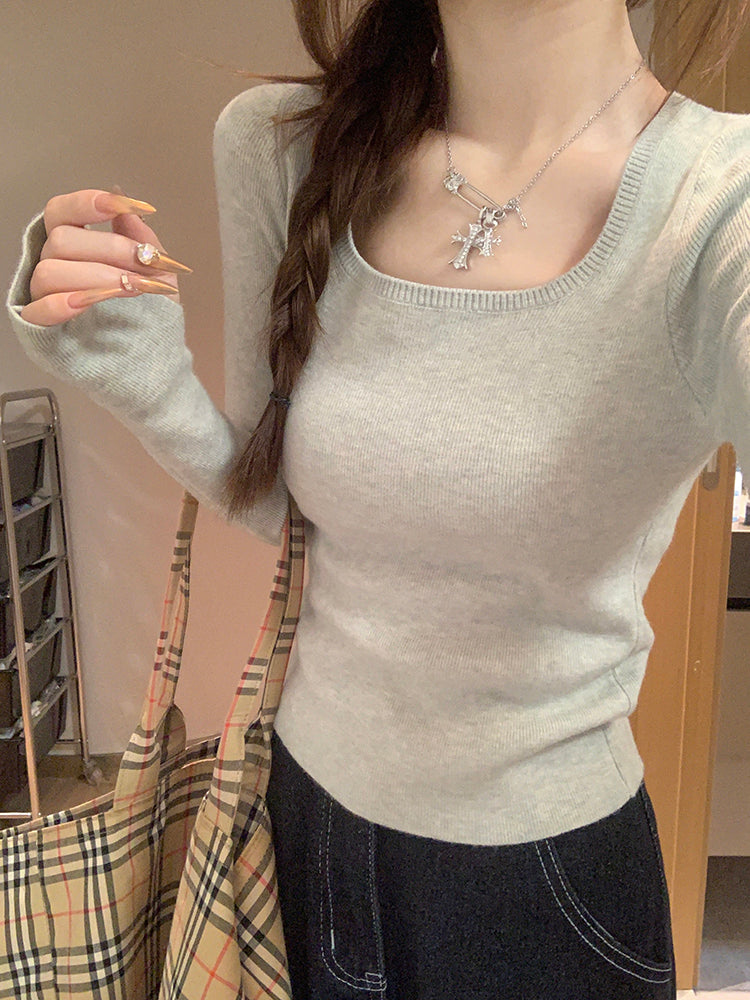 💕chic高級感簡約方領素色百搭長袖上衣