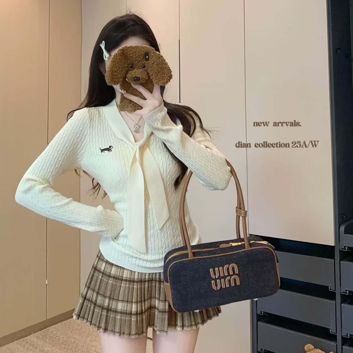 💕韓系氣質修身V領系帶麻花臘腸狗針織衫毛衣