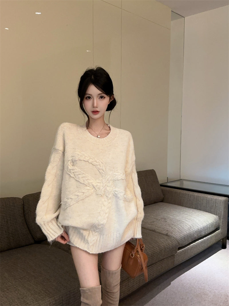 💕復古慵懶高級感軟糯蝴蝶結圓領上衣