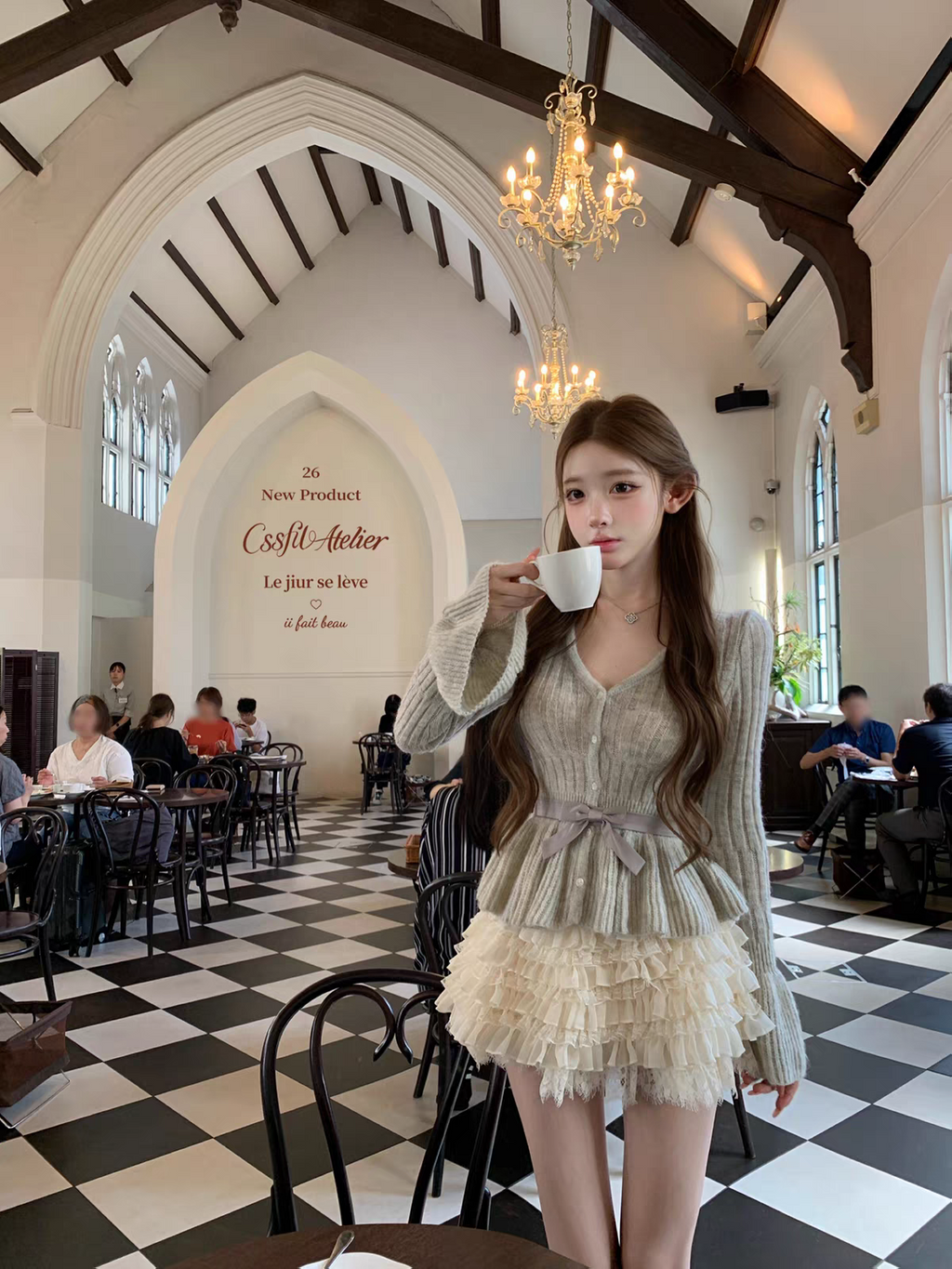 💕迷霧白茶喇叭袖針織衫蛋糕裙套裝