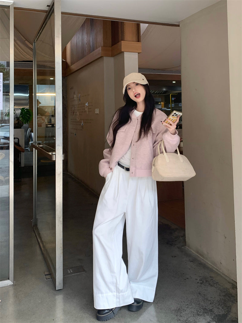 💕韓系通勤粉色棒球短款毛呢外套