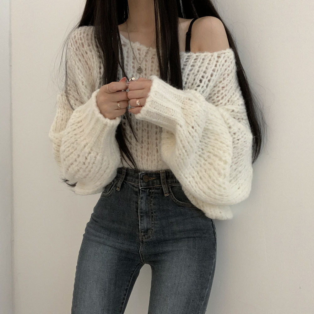 💕韓系chic春秋百搭寬鬆燈籠袖針織上衣
