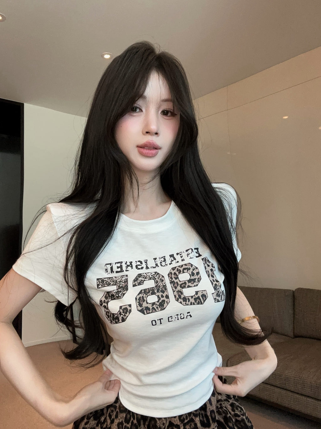 💕夏季豹紋印花圓領百搭短袖上衣