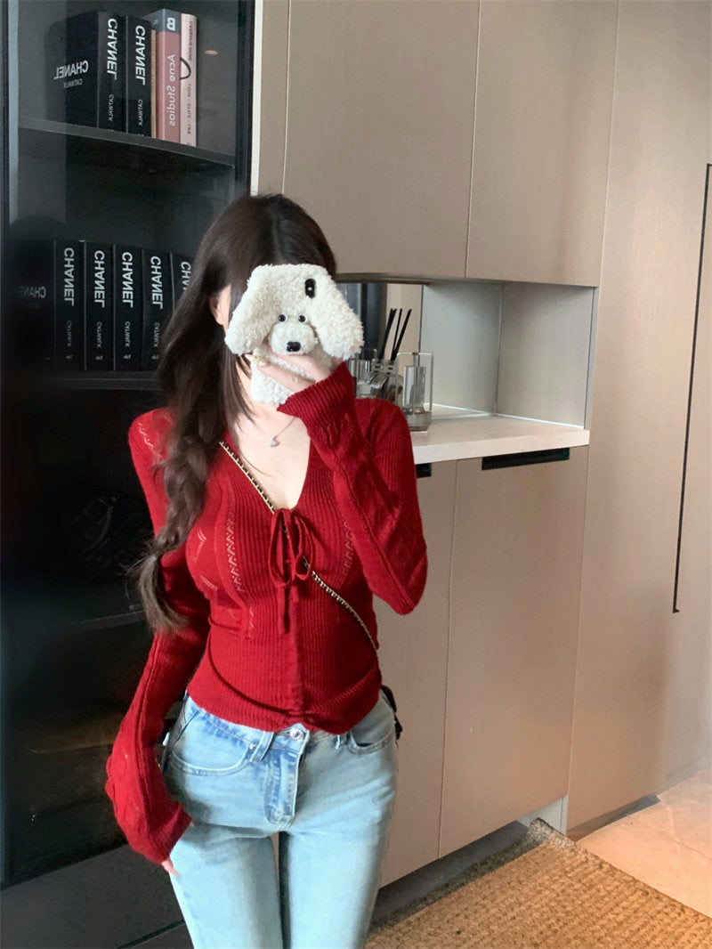 💕百搭簡約蝴蝶結系帶V領長袖針織顯瘦上衣