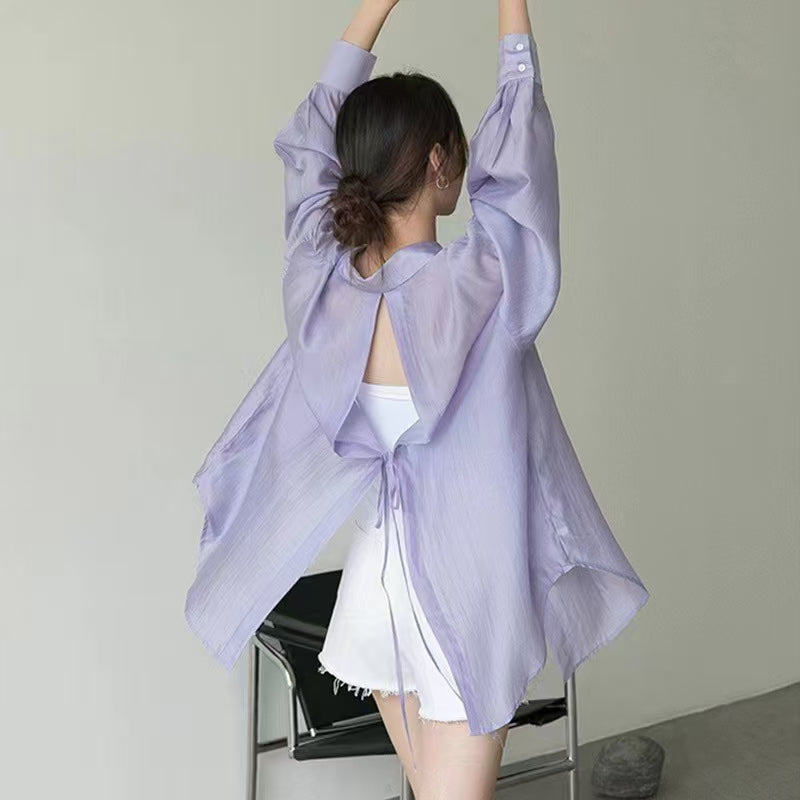 💕夏季天絲小眾薄款開衩防曬襯衫
