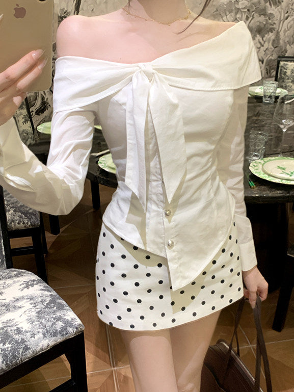 💕chic韓系一字領不規則上衣點點短裙套裝