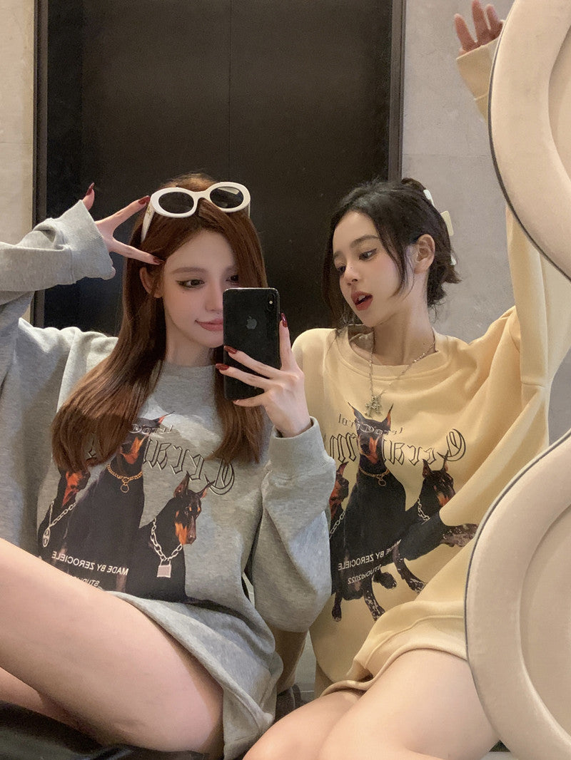 💕美式帥氣杜賓犬印花寬鬆中長衛衣