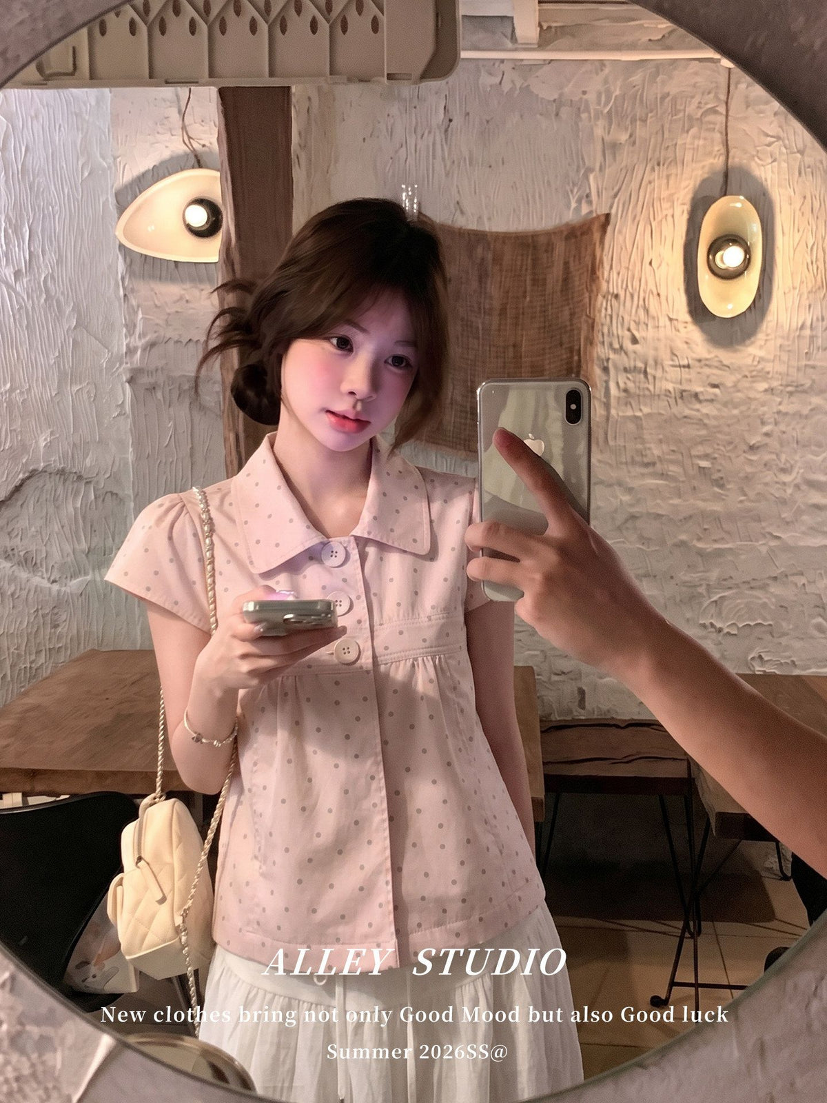 💕韓系甜美粉色飛機袖點點減齡襯衫