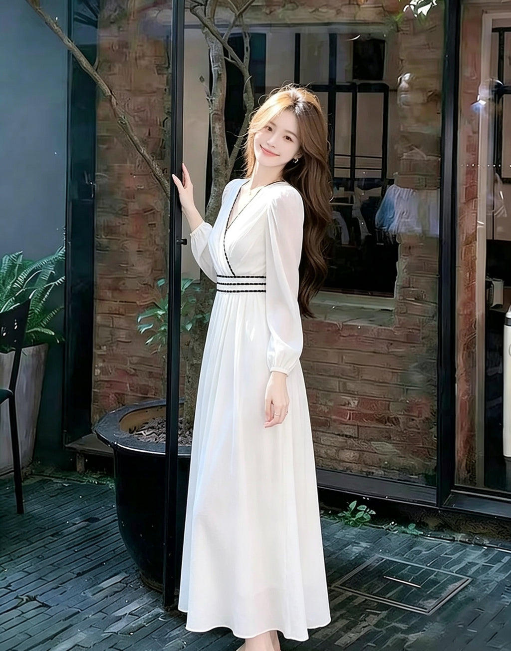 💕法式白色V領長款撞色黑邊收腰連衣裙