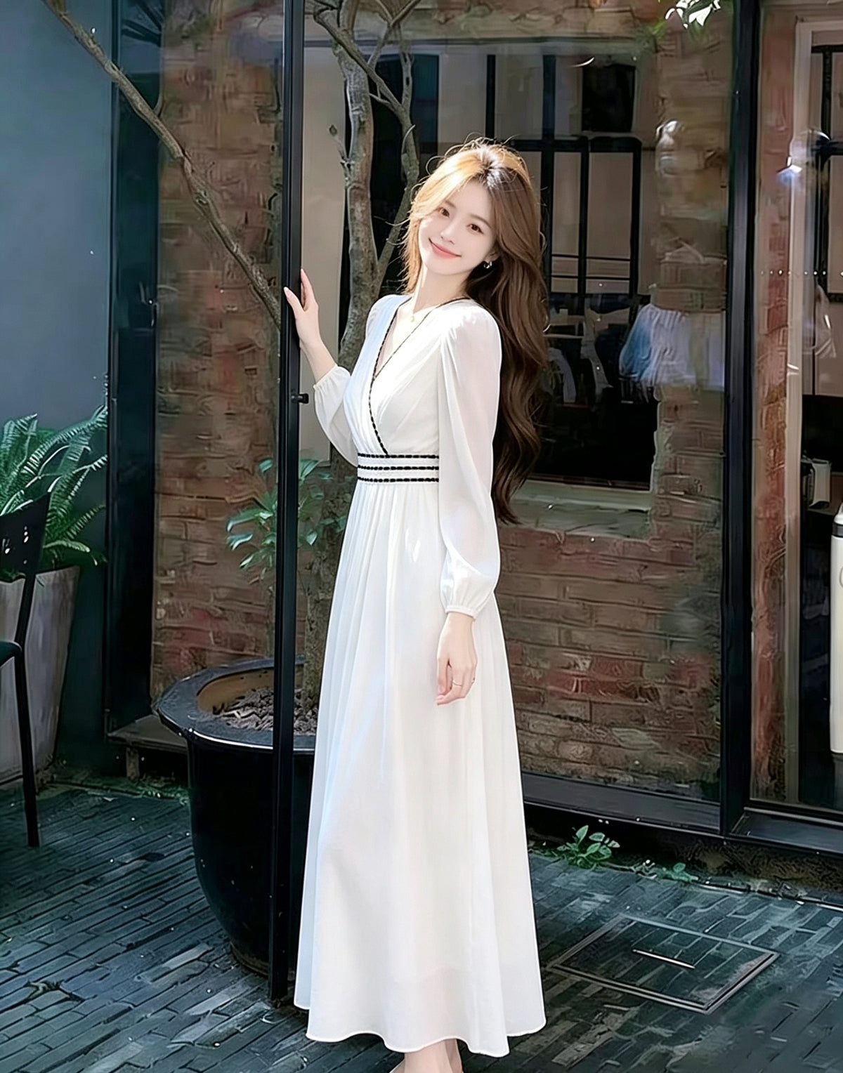 💕法式白色V領長款撞色黑邊收腰連衣裙