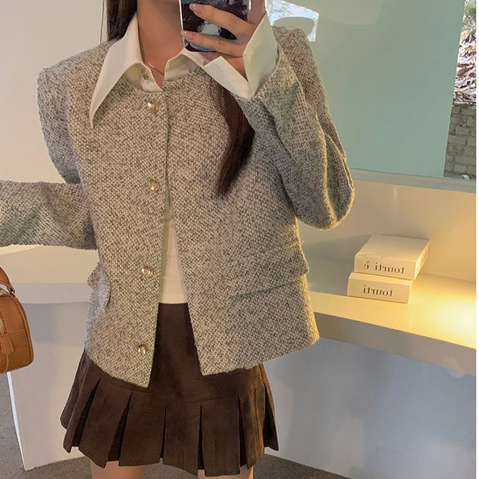 💕韓系秋冬假兩件拼接小香風加墊肩外套