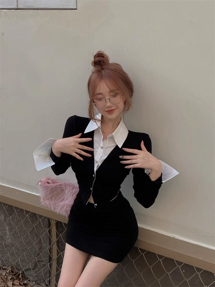 💕純御辣妹修身短款黑色假兩件長袖襯衫